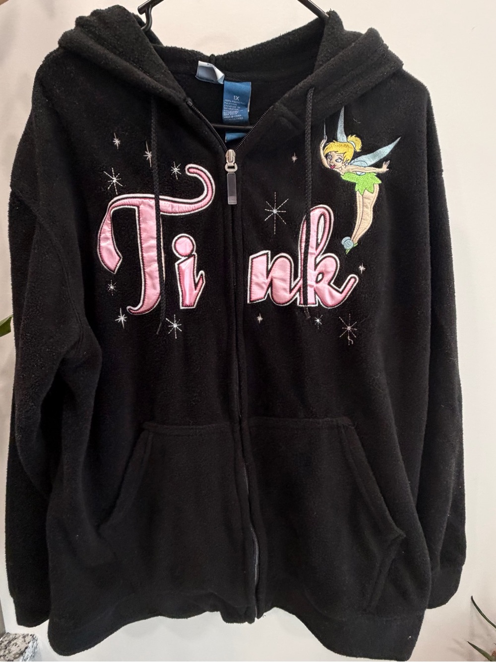 Y2K Disney Tinkerbell Embroidered Zip Up Hoodie Women’s XL Oversized Fairycore